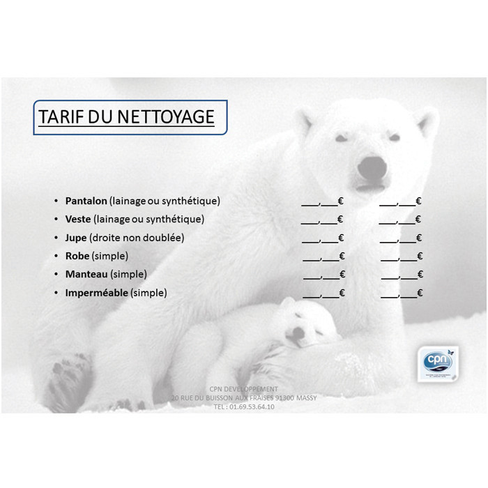 PANNEAU TARIF NETTOYAGE A4